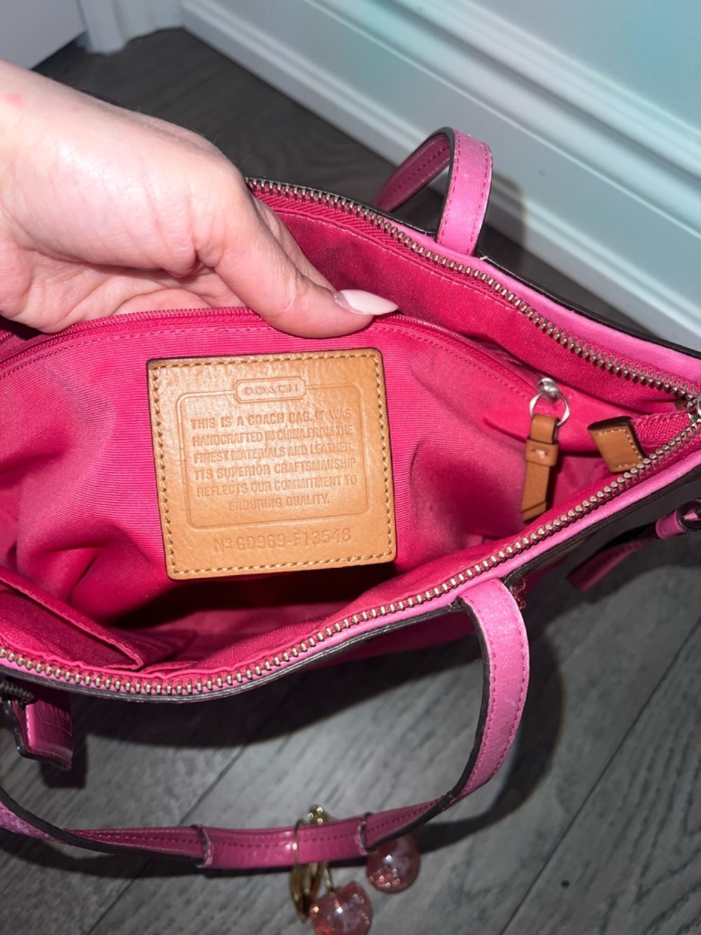 Coach Brown Logo Tote with Pink Trim and Cherry Charm - Picture 9 of 10